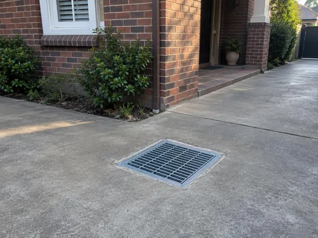Clean outdoor drain grate set in concrete driveway beside a brick house in Roseville
