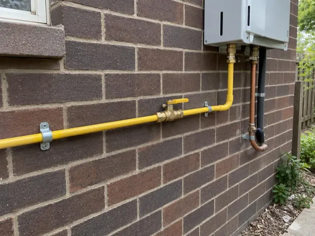 Yellow gas pipe and valve on a brick exterior wall beside utility boxes in Roseville